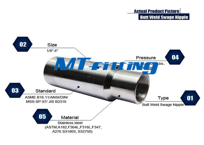 PED Forged High Pressure Pipe Fittings , F304 Stainless Steel Butt Welded Threaded Swage Nipple